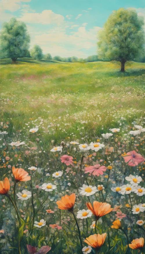 A textured painting of a spring meadow, with blooming flowers and a clear sky. Валлпапер [c714945f95cb489bab47]