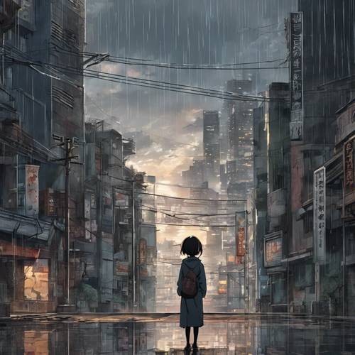 忧郁的动漫场景，一个孤独的身影凝视着阴沉的、被雨水浸透的城市。