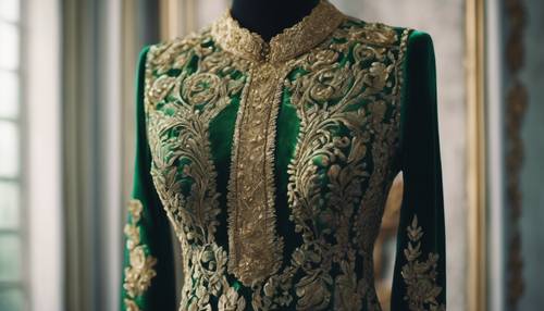 一件奢华的绿色天鹅绒连衣裙，带有精致的金色刺绣，展示在人体模型上。