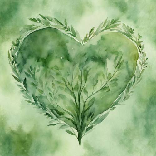 Adaçayı yeşili tonunda hassas bir kalbin suluboya resmi.