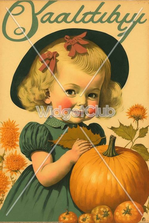 Cute Vintage Autumn Girl with Pumpkin
