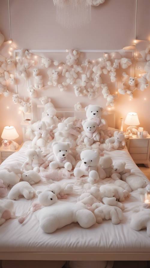 Beyaz ayıcıklar ve minderlerle dolu, kawaii tarzında dekore edilmiş bir yatak odası.