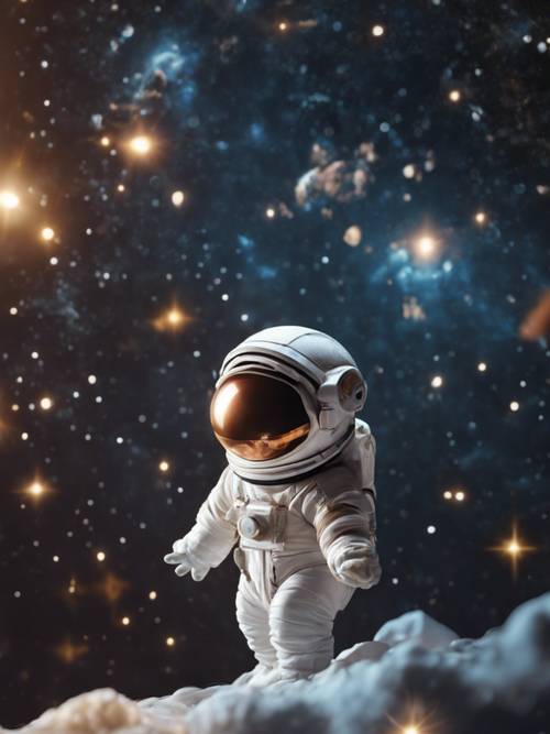Маленький космонавт плывет в космосе и тянется, чтобы прикоснуться к звезде.