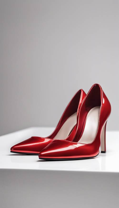 La vista lateral de un par de zapatos de tacón rojo brillante sobre un fondo blanco.