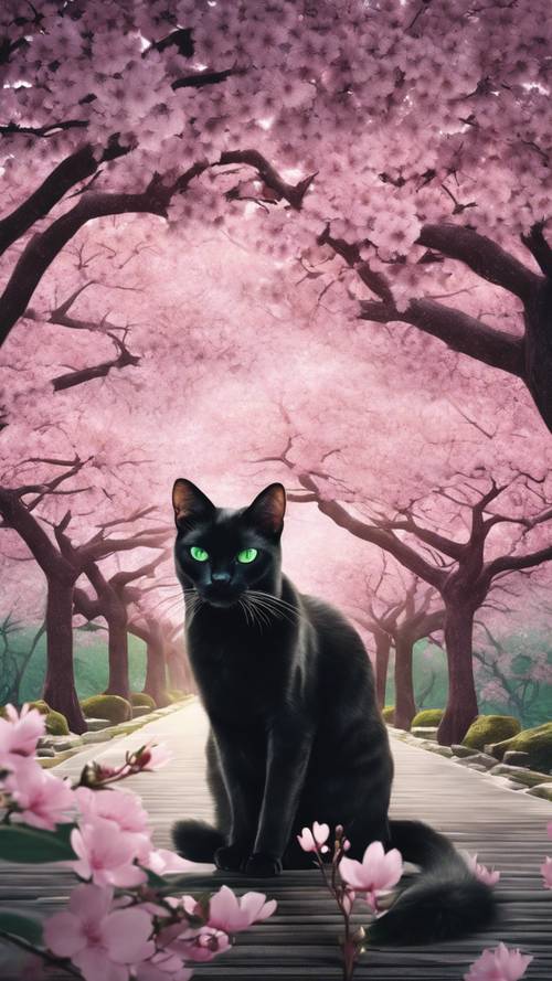 Gambar kucing siam hitam ramping dengan mata hijau menghipnotis diam-diam berkeliaran di taman Jepang yang diterangi cahaya bulan yang dipenuhi pohon sakura yang sedang mekar.