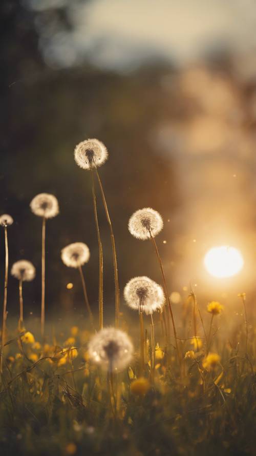 Matahari terbenam di pertengahan musim panas memancarkan cahaya keemasan yang hangat di padang rumput tenang yang dipenuhi bunga dandelion.