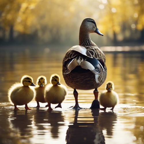 Animasyonlu sarı bir anne ördek, yavrularına paytak paytak yürümeyi öğretiyor.