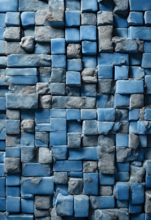 Sebuah karya seni abstrak yang terbuat dari batu bata biru bertekstur.