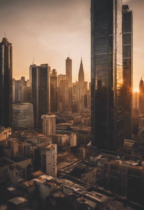 Contemporary black and beige cityscape skyline during a vibrant sunrise.