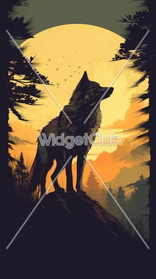 夕日に輝く森の中のmajesticなオオカミ