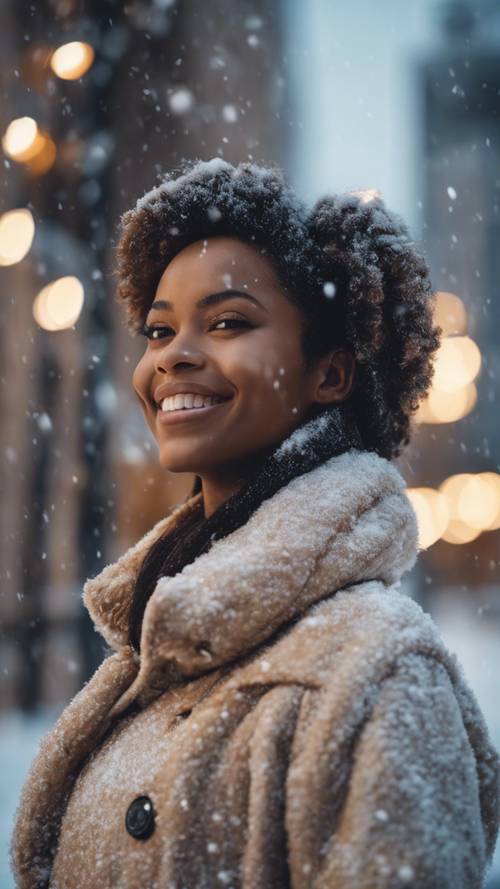 Şık bir kışlık palto giymiş güzel bir siyah kız, sıcak gülümsemesi karlı şehrin arka planında parlıyor.
