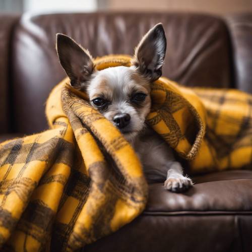 Ein kleiner Hund, eingewickelt in eine kuschelige, gelb karierte Decke, macht ein Nickerchen auf einem Ledersofa.