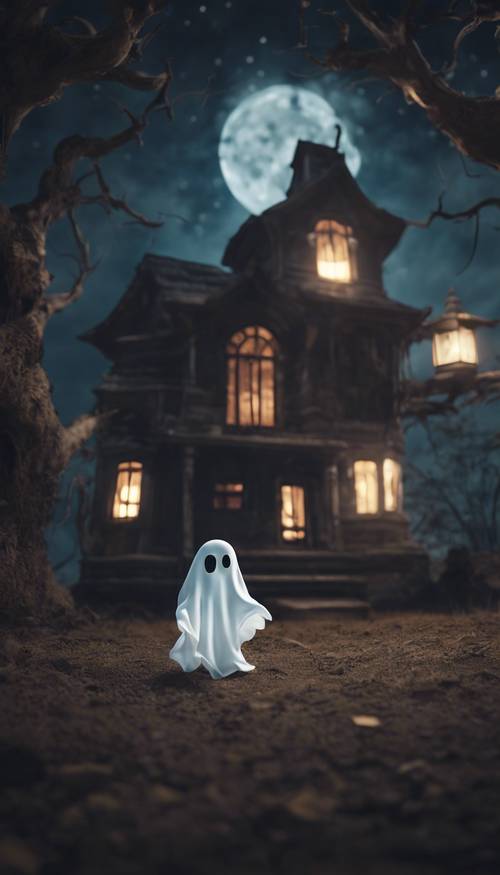 Um fantasma fofo, mas assustador, pairando em uma antiga casa mal-assombrada durante uma noite de lua cheia.