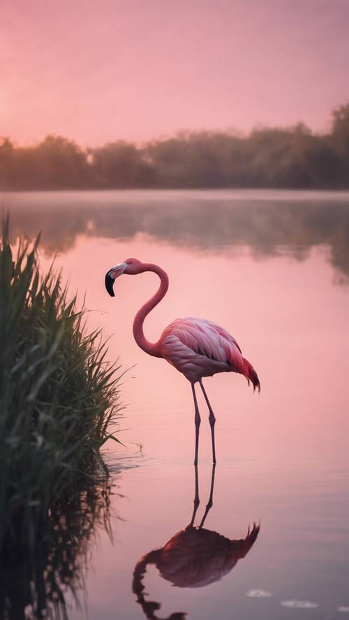 A pink flamingo gracefully poised by a tranquil lake at dawn with soft pinkish hues.