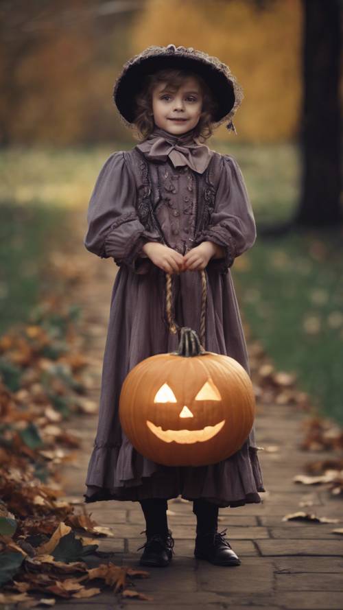 A child dressed in Victorian-era clothing carrying a handmade pumpkin lantern during Halloween.