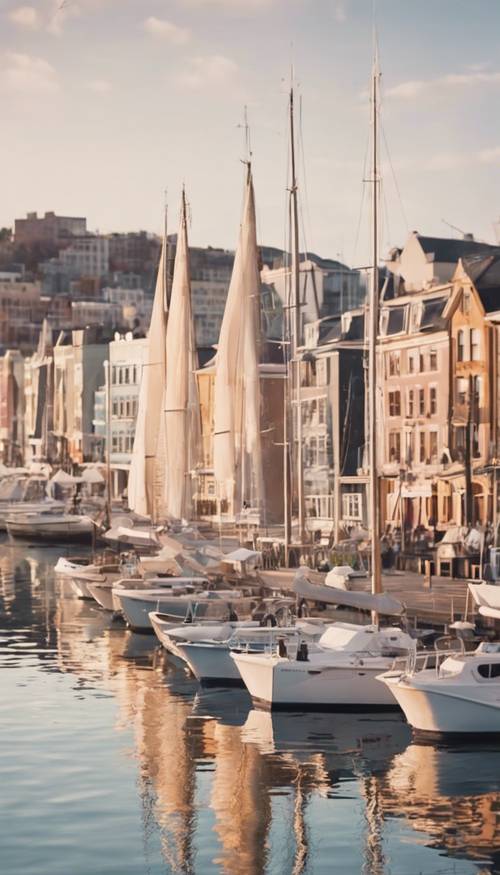 Una vista sul lungomare di una città color pastello con barche a vela nel porto.