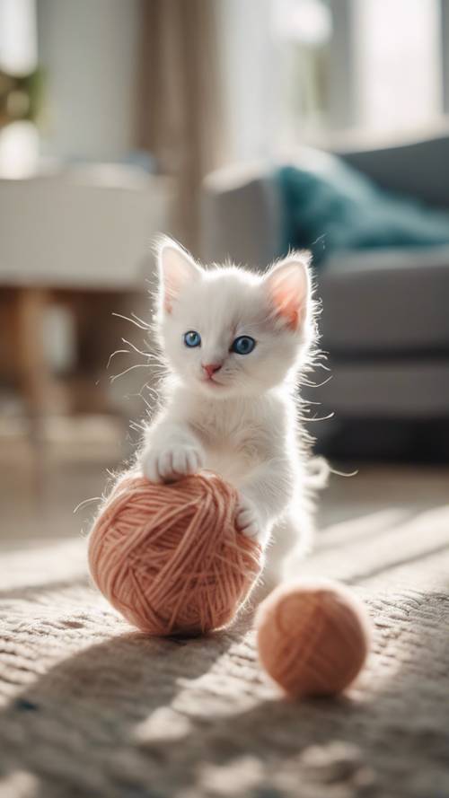 ลูกแมวสีขาวแรกเกิดตาสีฟ้ากำลังเล่นกับลูกบอลขนสัตว์ในห้องนั่งเล่นที่มีแสงแดดสดใส