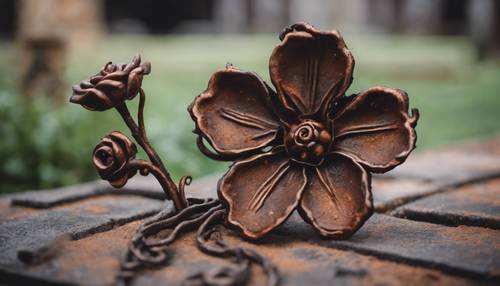 An intricate gothic flower made of rusted iron, entwined around a tombstone. Tapeta [d32d05a27b754e65a581]