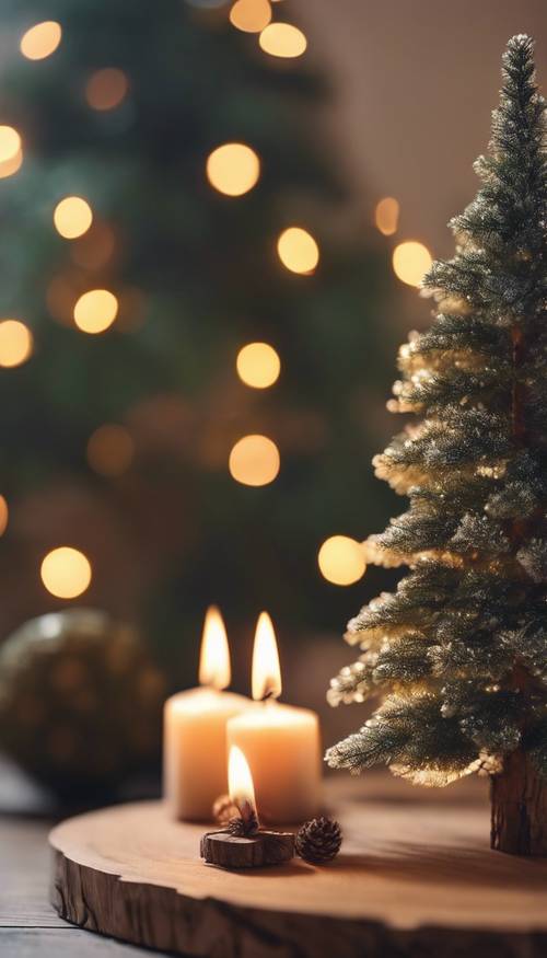 Una semplice scrivania in legno decorata con un piccolo albero di Natale minimalista e candele