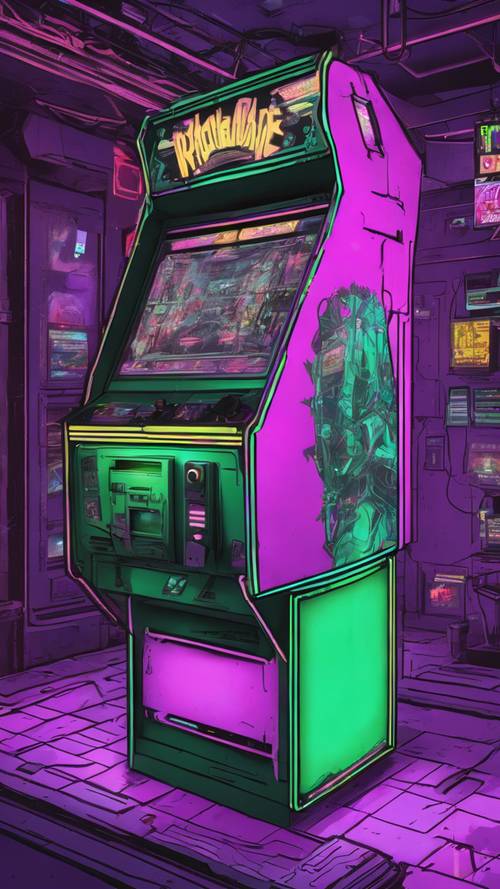 Um gabinete de fliperama vintage verde e roxo em uma loja de jogos retrô escura.