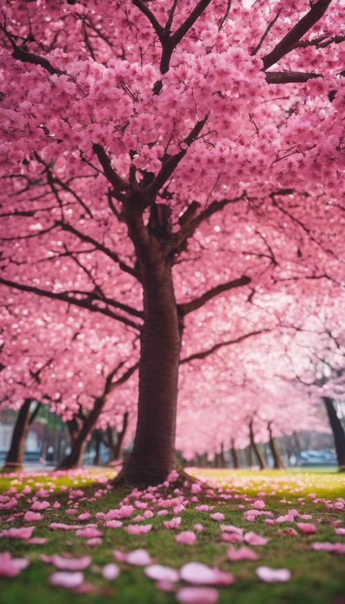 A vivid pink cherry blossom tree in full bloom, with fallen petals scattered on the surrounding grass.