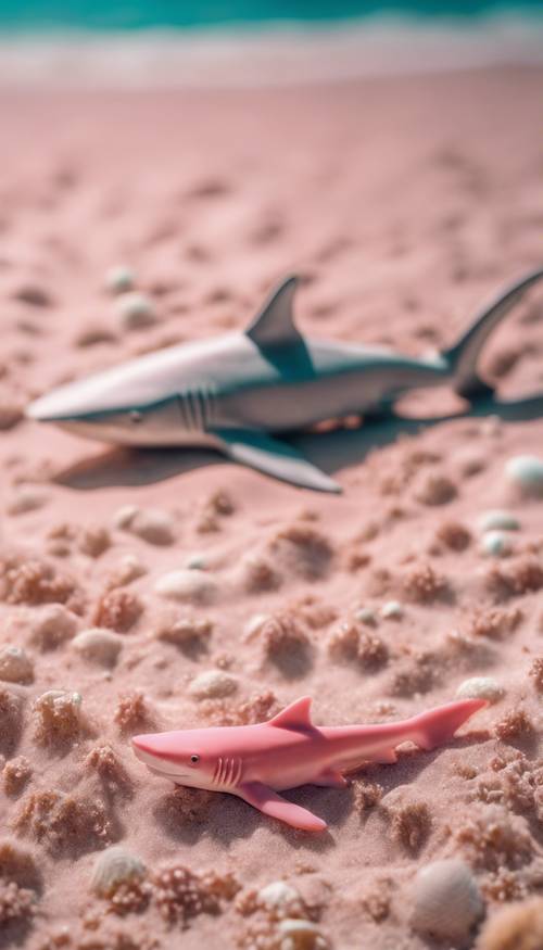 A gentle pink shark resting on the sandy ocean bed with coral nearby.