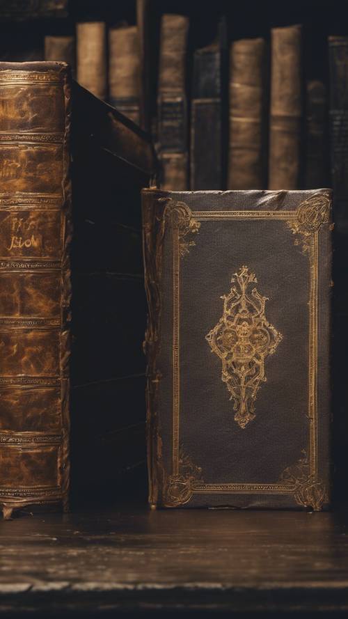 An antique, well-worn leather-bound book with faded golden inscriptions, lying open on a dark wooden table.