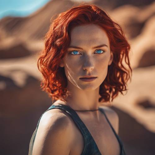 Une image captivante de Chani, ses yeux bleus dans le bleu et ses cheveux roux brillants sous le soleil d&#39;Arrakis.