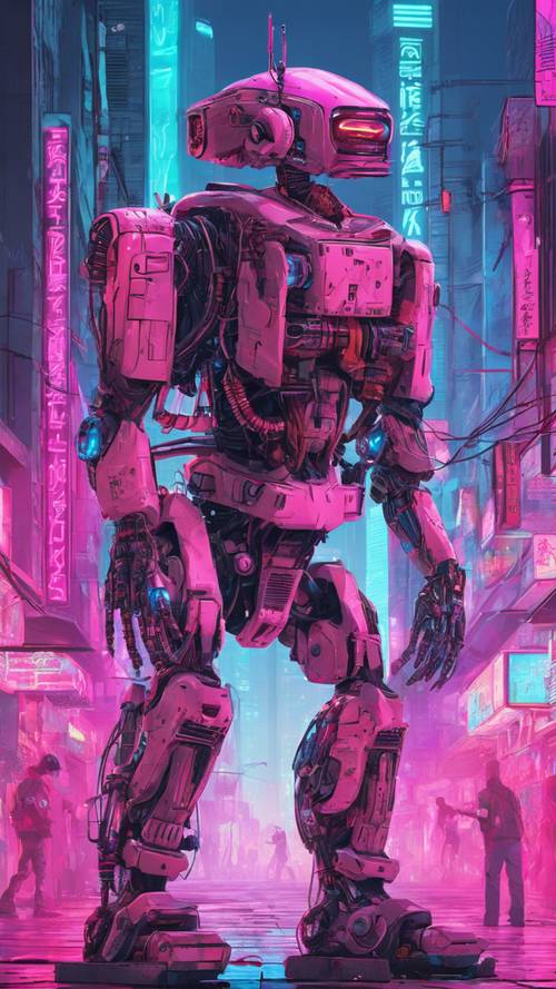 A robot with a pink and blue exoskeleton walking in a cyberpunk metropolis.