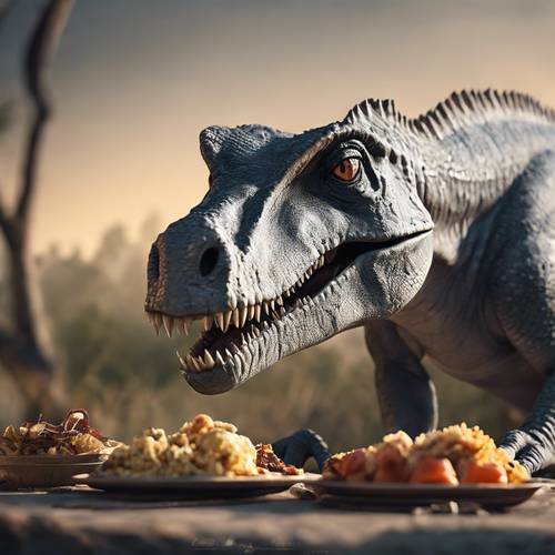 Un dinosauro grigio che si gode una festa dopo aver cacciato con successo.