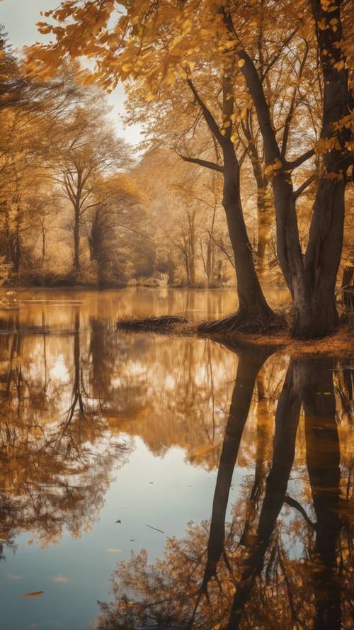 Eine friedliche Szene eines ruhigen Herbstsees, in dem sich die orangefarbenen, gelben und braunen Blätter spiegeln, mit der Aufschrift „Akzeptanz dessen, was ist, das ist der Weg zur Gelassenheit“ als Wellen im Wasser.