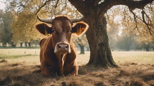 Uma vaca marrom, envelhecida e de aparência sábia, com uma notável estampa de pelagem, parada sob um velho carvalho