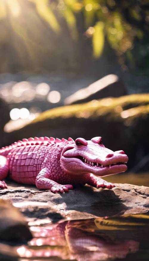 A pink crocodile basking in the sunshine by a glittering creek. Divar kağızı [7902f7afc308452a8f6b]