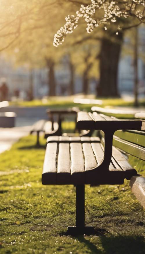 A spring morning in a minimalist city, the dew-kissed park bench bathed in the warm early sunlight.