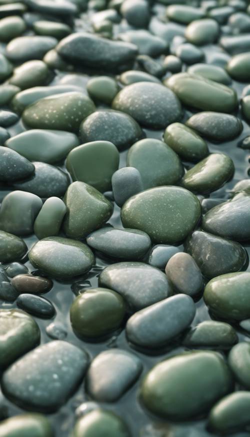 Imagery of sage green pebbles underwater, creating an abstract perspective.