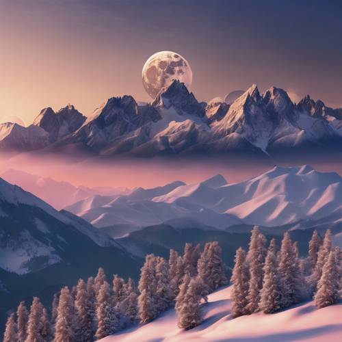 A vivid interpretation of a sprawling mountain range under moon's brilliance, casting a twilight glow to blanket the snowy peaks.