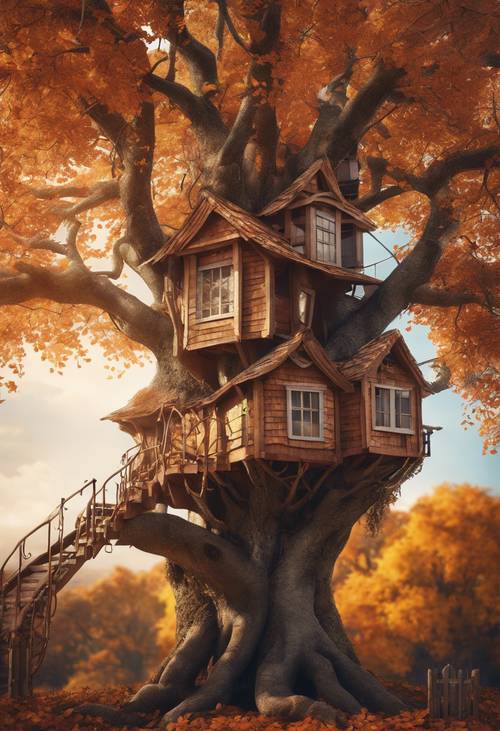 Illustration of an enchanted treehouse nestled in the grand branches of an autumn-kissed tree. Tapeta [cb0b71c2ab81401984c3]