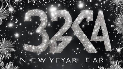 Poster for a Y2K New Year’s party, with shiny black font and silver tinsel.