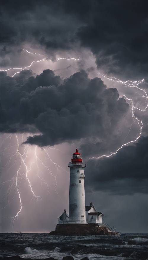 A massive storm brewing over a lonely lighthouse, lightning splitting the bleak sky.