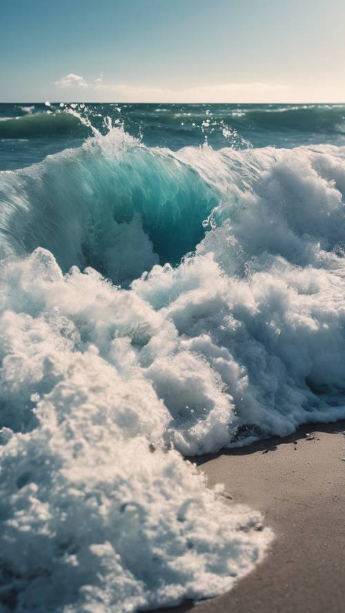 Uma grande e poderosa onda azul caindo em uma praia ensolarada