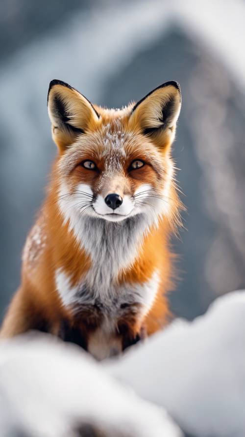 A majestic red fox staring intensely in the distant snow-covered mountains.