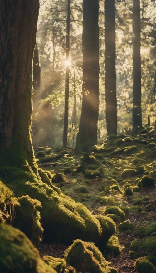 An ancient forest teeming with age-old trees, moss-covered rocks, and soft, warm sunlight pouring through.
