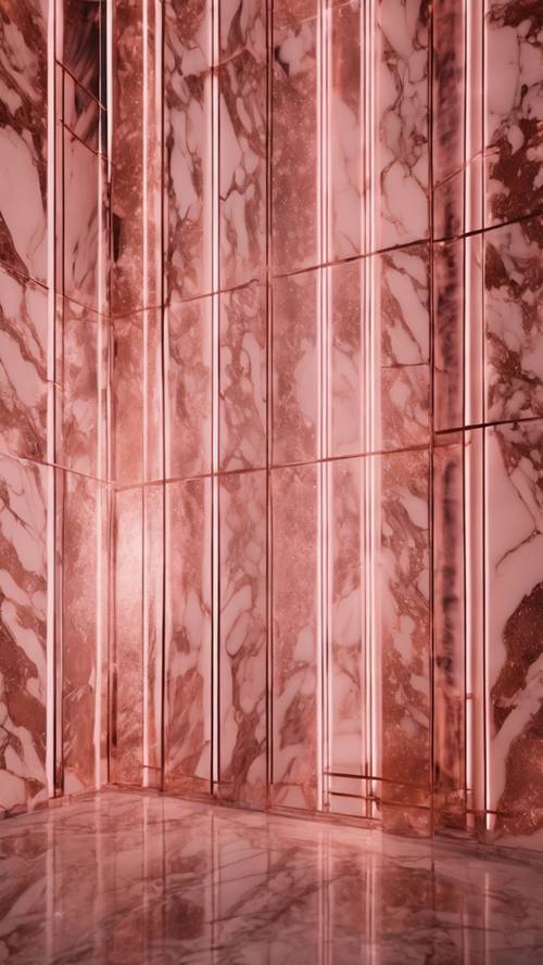 جدار تجريدي من الرخام الذهبي الوردي يتوهج تحت أضواء النيون.