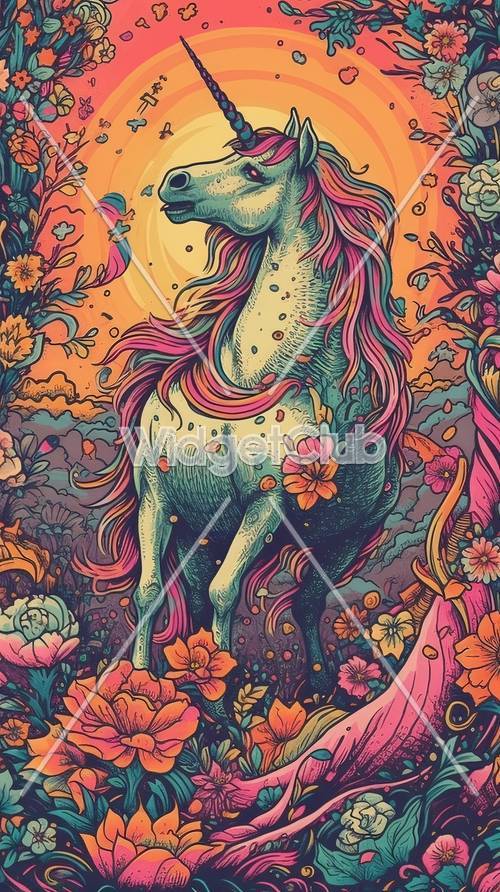 Unicorno magico e fiori sotto un cielo colorato