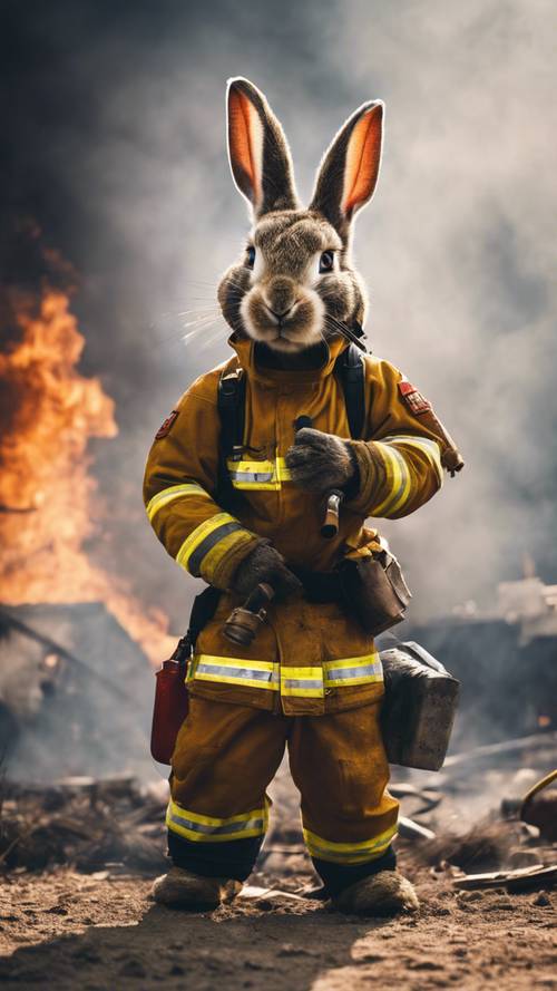 A rabbit firefighter bravely battling a blazing inferno.