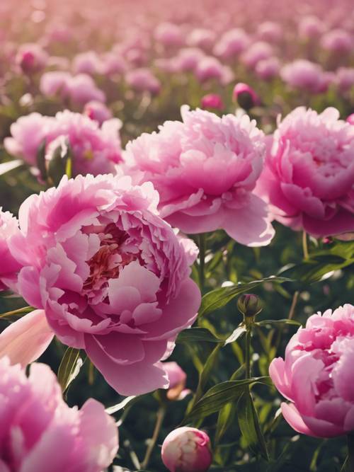Abstract image of pink peonies blooming in a field