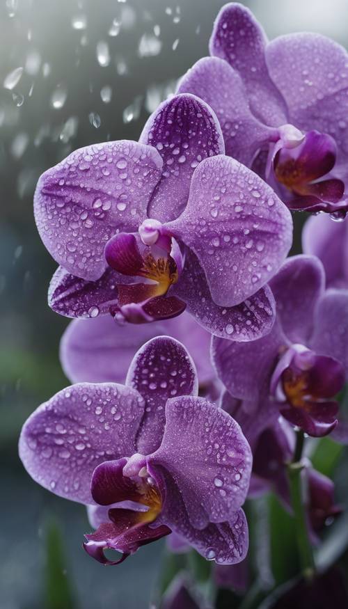 Eine Gruppe violetter Orchideen, bereift mit Morgentau.