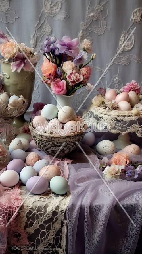 Exhibición elegante de huevos y flores de Pascua