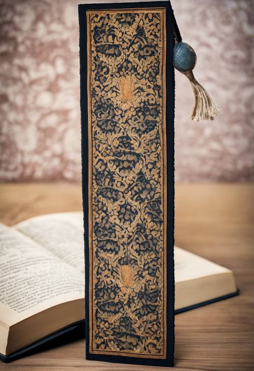 Um marcador de página em tecido damasco vintage em um romance antigo e muito querido.