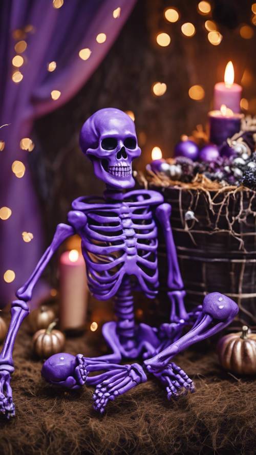 A purple skeleton in a festively decorated Halloween setting".